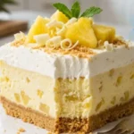 Pineapple Sunshine Layer Dessert served on a white plate with creamy pineapple filling.