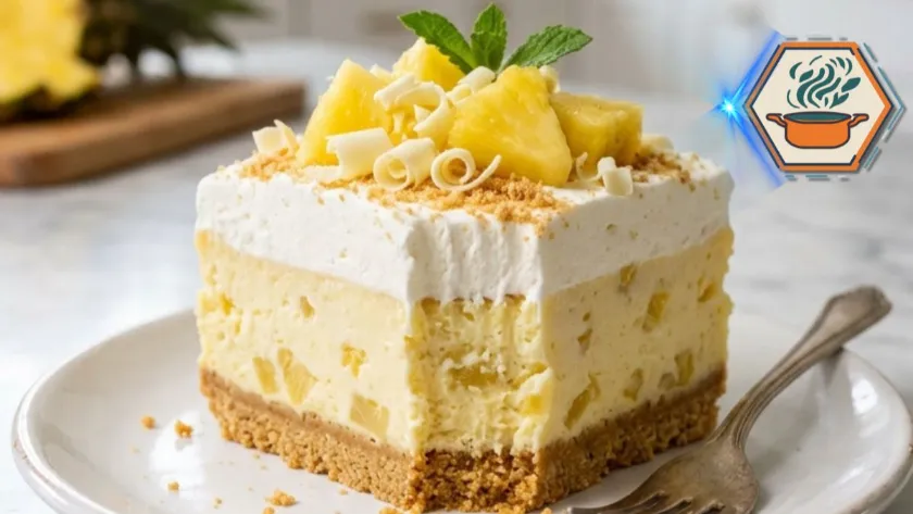 Pineapple Sunshine Layer Dessert served on a white plate with creamy pineapple filling.