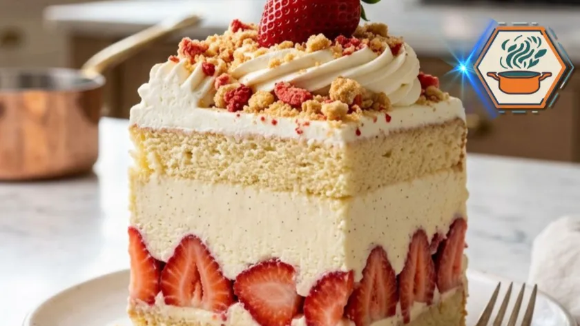 Strawberry Shortcake Cheesecake with fresh strawberries and whipped cream