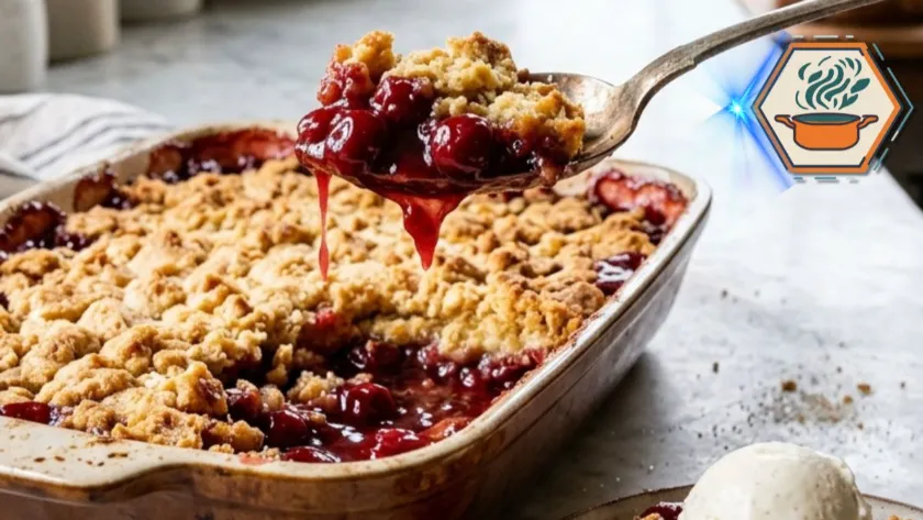 Two-Ingredient Cherry Dump Cake with golden crust and cherry filling