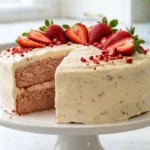 Two-Ingredient Strawberry Cake topped with cream cheese frosting and fresh strawberries.