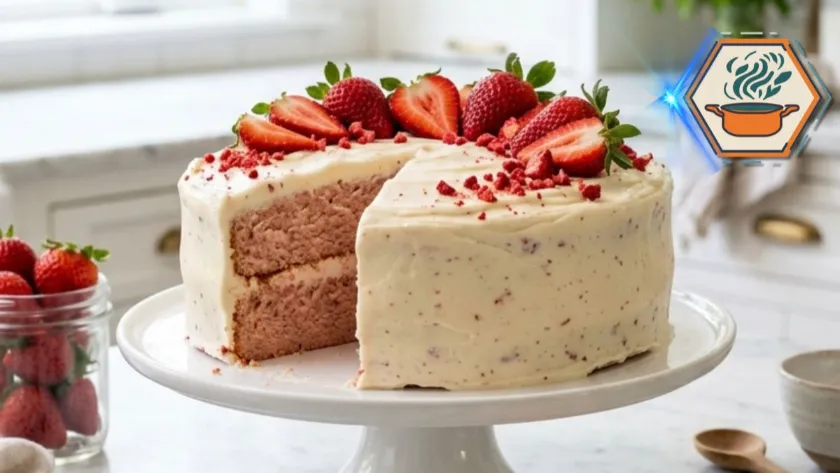 Two-Ingredient Strawberry Cake topped with cream cheese frosting and fresh strawberries.