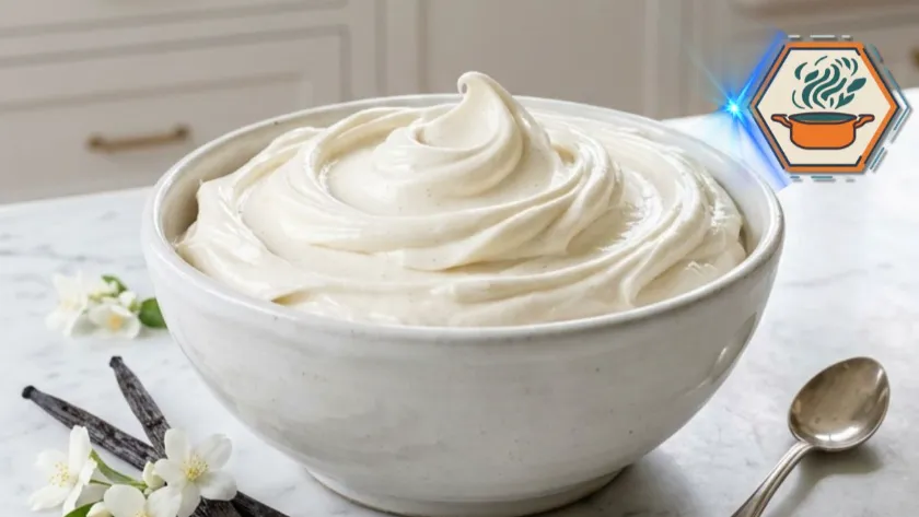 Best Vanilla Buttercream Frosting in a white bowl on a marble countertop.