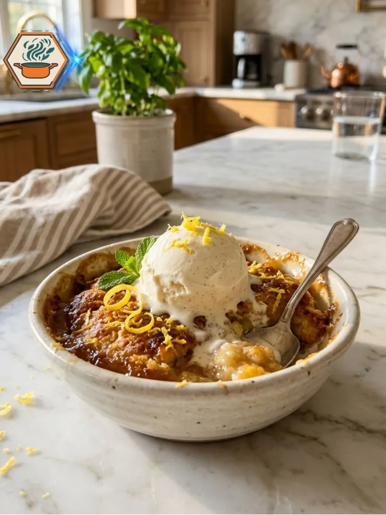 Serving bowl of lemon cobbler with vanilla ice cream
