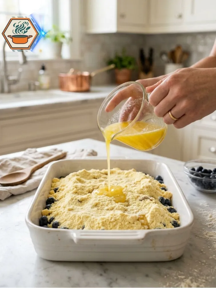 Pouring butter over cake mix for blueberry cobbler