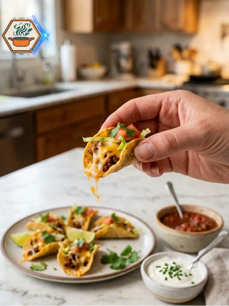 Crispy mini taco bite with stretchy melted cheese