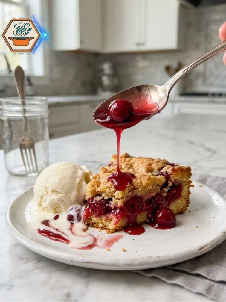 Warm Cherry Dump Cake With Ice Cream Serving of cherry dump cake with ice cream
