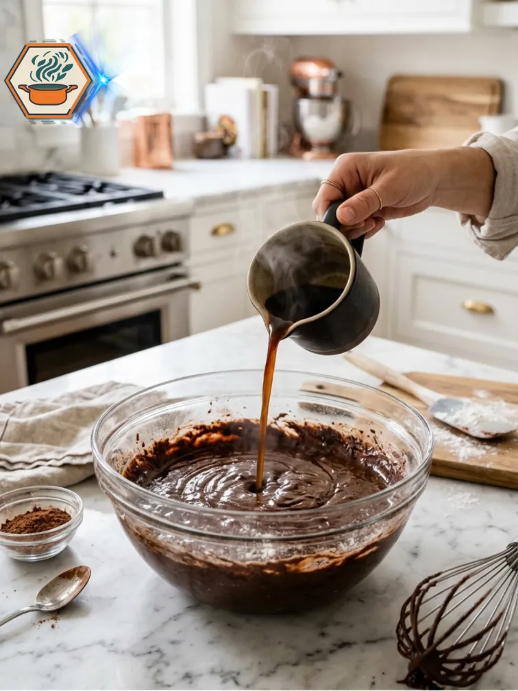 Adding hot coffee to chocolate cake batter