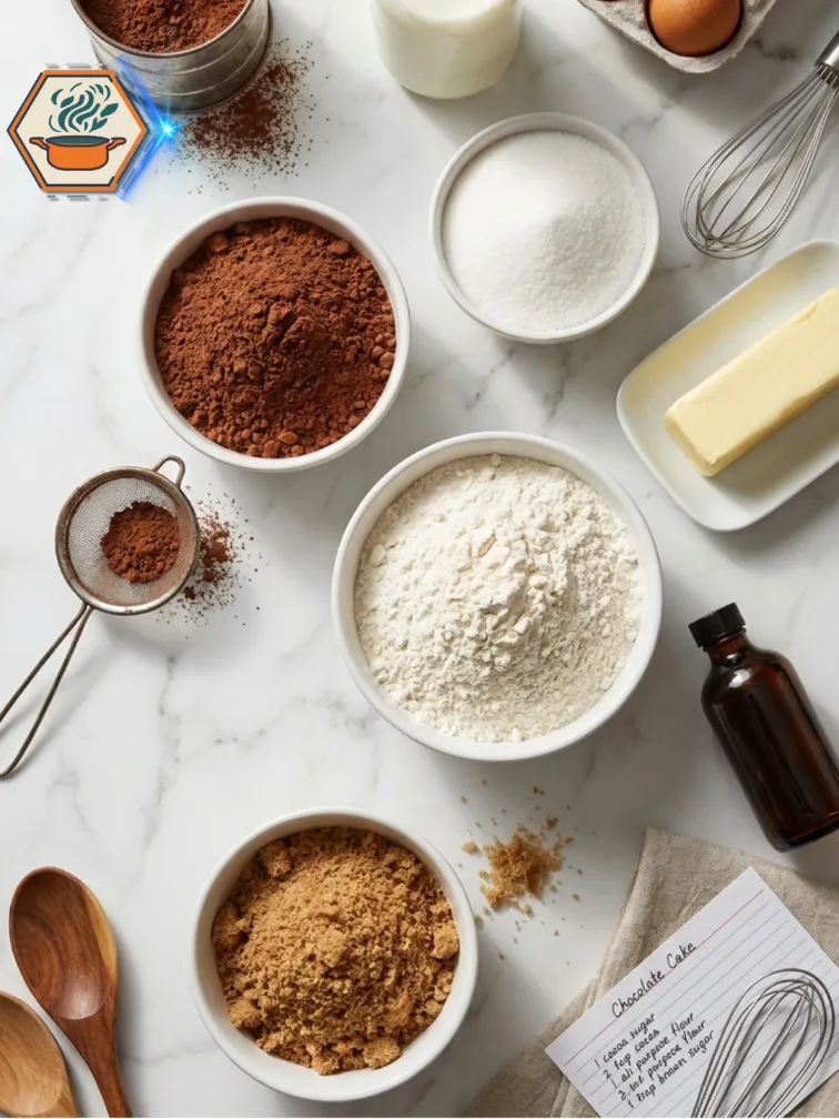 Ingredients needed for classic moist chocolate cake recipe