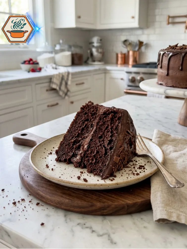 Slice of moist chocolate cake showing rich chocolate crumb