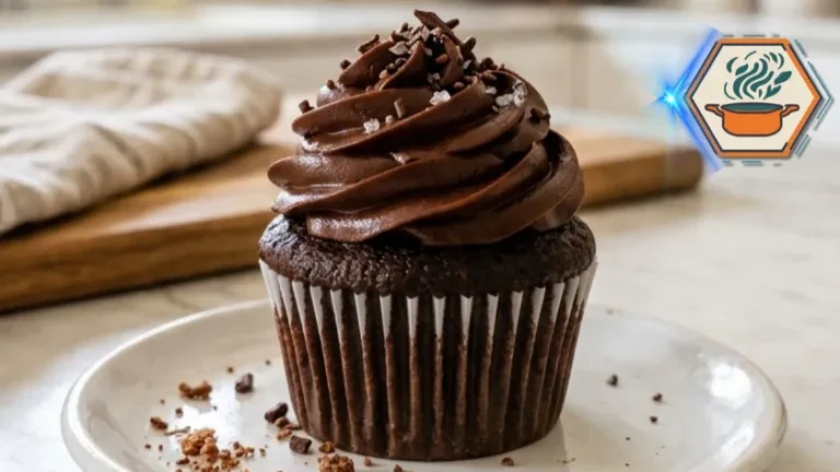 Single Chocolate Fudge Cupcake on a white plate with fudge frosting