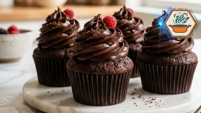 Chocolate Fudge Cupcakes with glossy chocolate frosting on white marble in an American kitchen