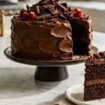 Classic moist chocolate cake with chocolate buttercream on a white marble countertop