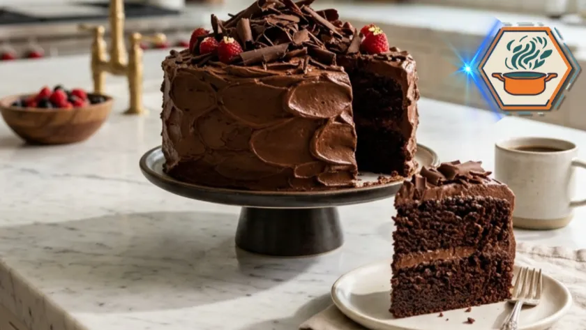 Classic moist chocolate cake with chocolate buttercream on a white marble countertop