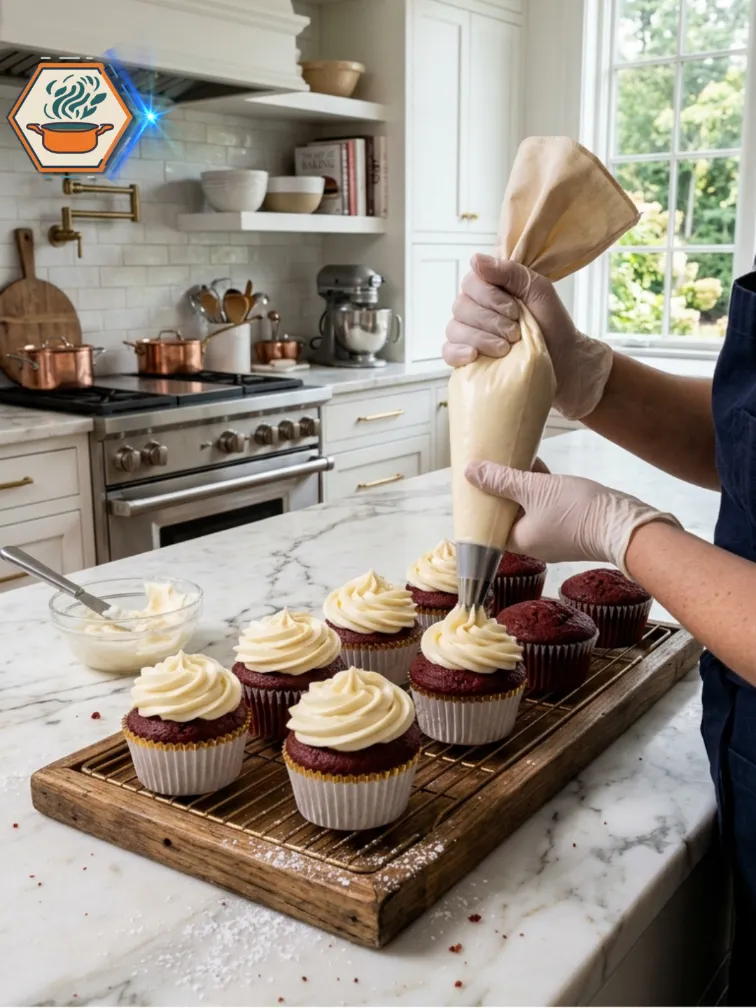 Piping cream cheese frosting on red velvet cupcakes
