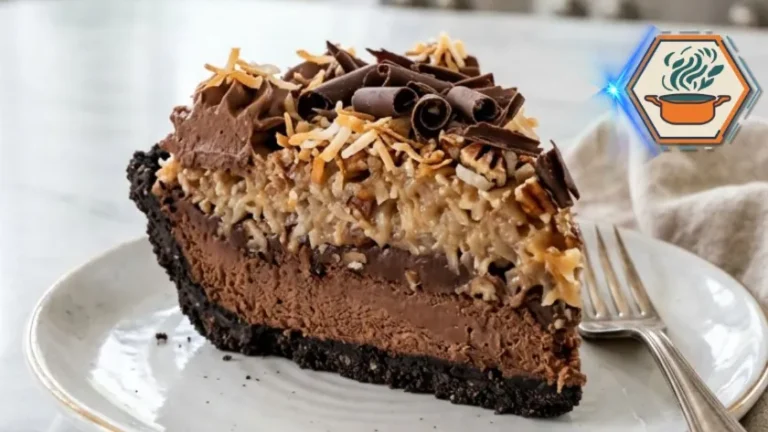 Slice of No-Bake German Chocolate Pie on white dessert plate.