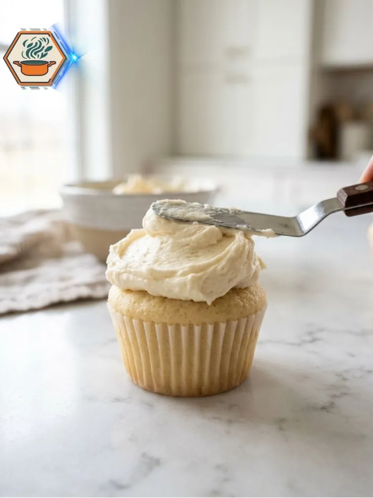 Spreading fluffy Vanilla Buttercream Frosting onto a cupcake.