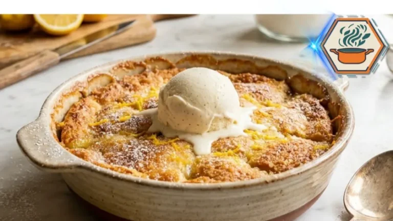 Warm lemon cobbler served with vanilla ice cream