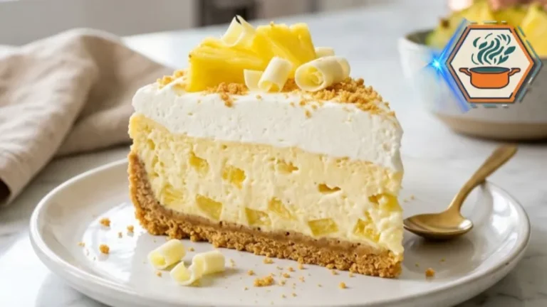 Creamy Pineapple Sunshine Layer Dessert on white marble countertop.