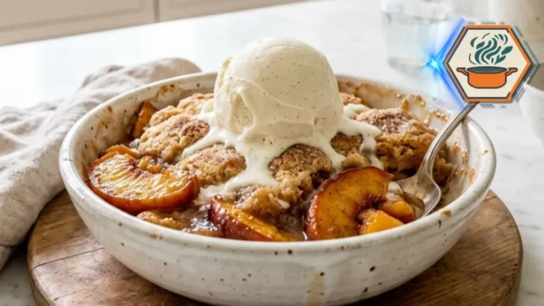 Two-Ingredient Peach Cobbler Recipe: The Easiest Peach Dessert You'll Ever Make 3 Warm peach cobbler served with vanilla ice cream