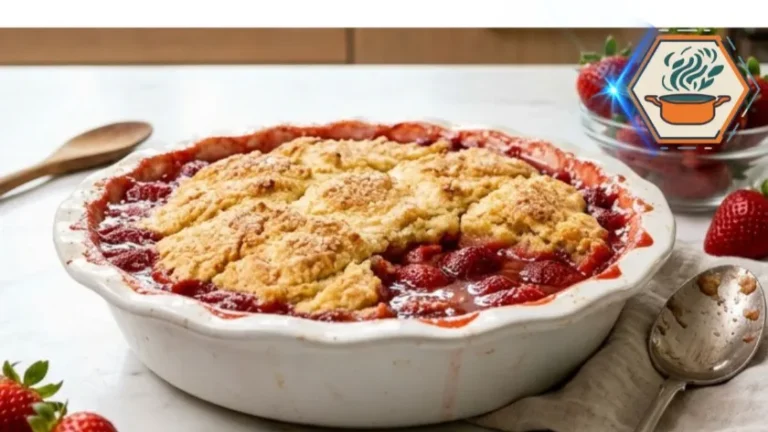 Spoon serving strawberry shortcake bake