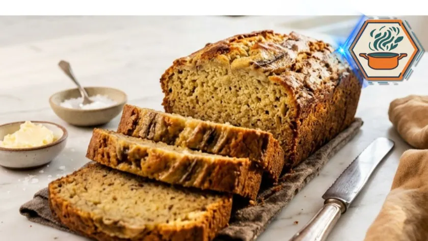 Two-Ingredient Banana Bread sliced on a white marble countertop