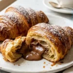 Freshly baked Two-Ingredient Chocolate Croissants with melted chocolate center on a white marble countertop.
