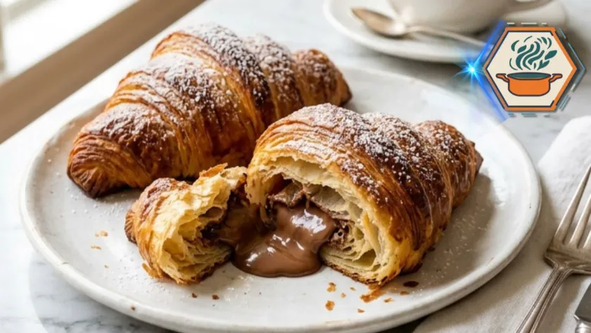 Freshly baked Two-Ingredient Chocolate Croissants with melted chocolate center on a white marble countertop.