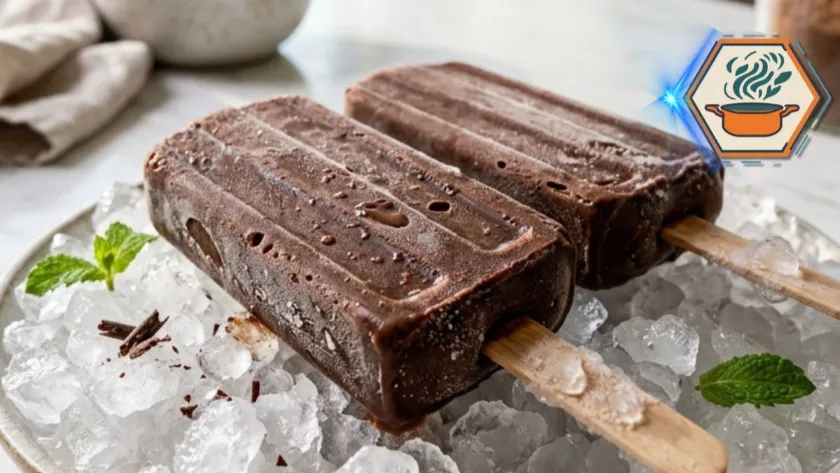 Two-Ingredient Fudge Pops served on crushed ice in a white marble kitchen