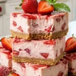 Two Ingredient Strawberry Cheesecake Bars on white marble countertop