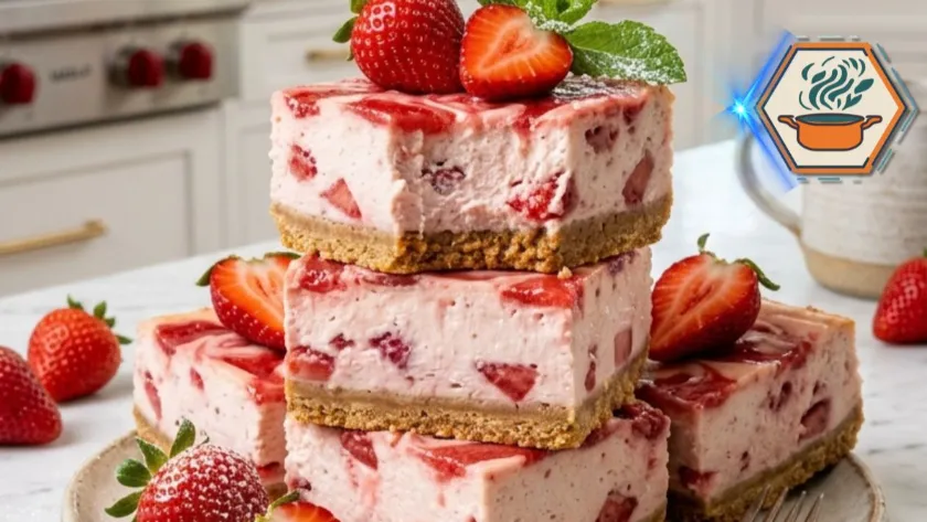 Two Ingredient Strawberry Cheesecake Bars on white marble countertop