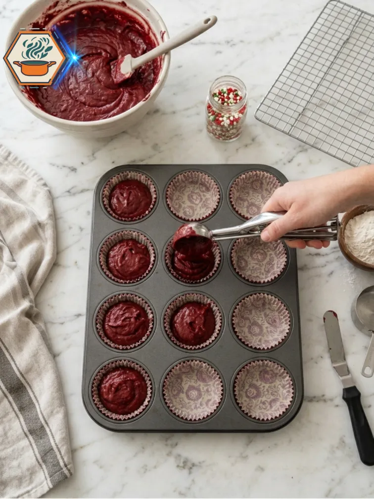 Filling cupcake liners with red velvet batter