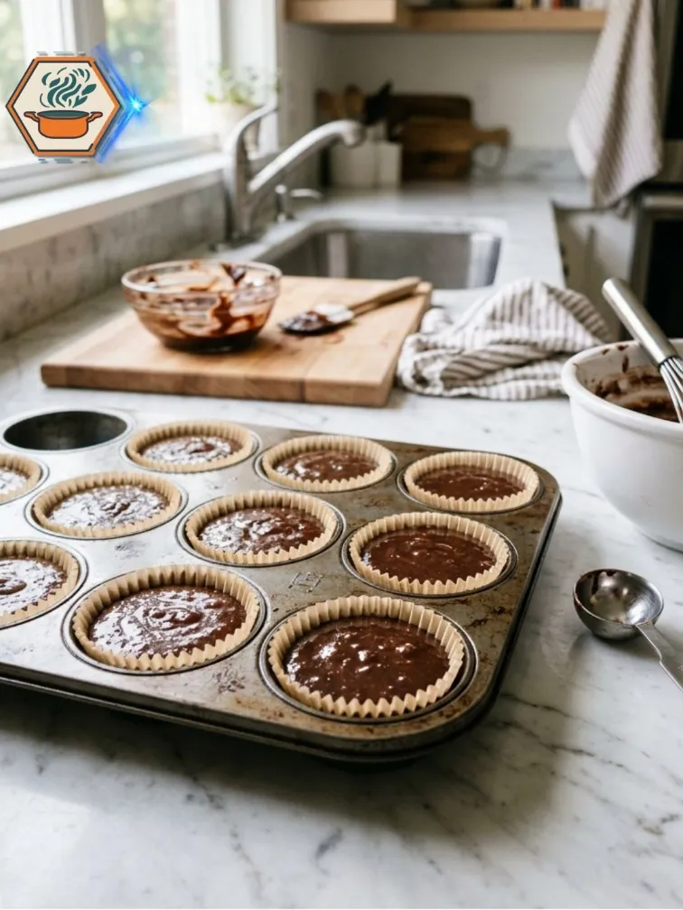 Cupcake liners filled with chocolate batter before baking