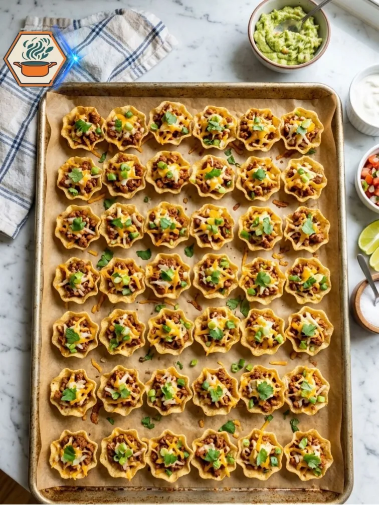 Scoop tortilla chips filled with cheese and taco meat before baking