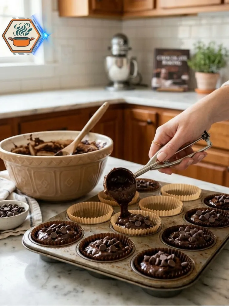 Brownie batter scooped into a muffin tin