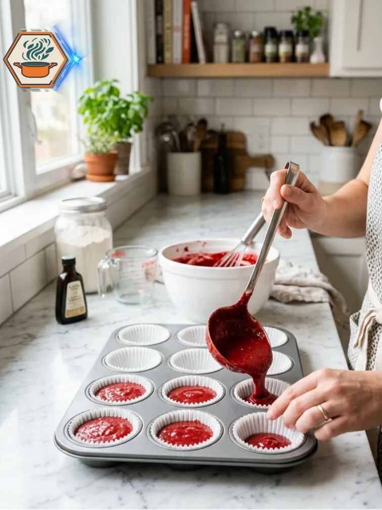 Red velvet cupcake batter poured into cupcake liners