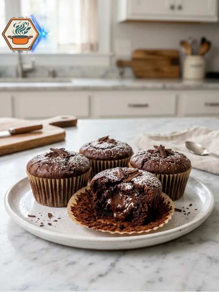 Served brownie cupcakes with gooey chocolate center