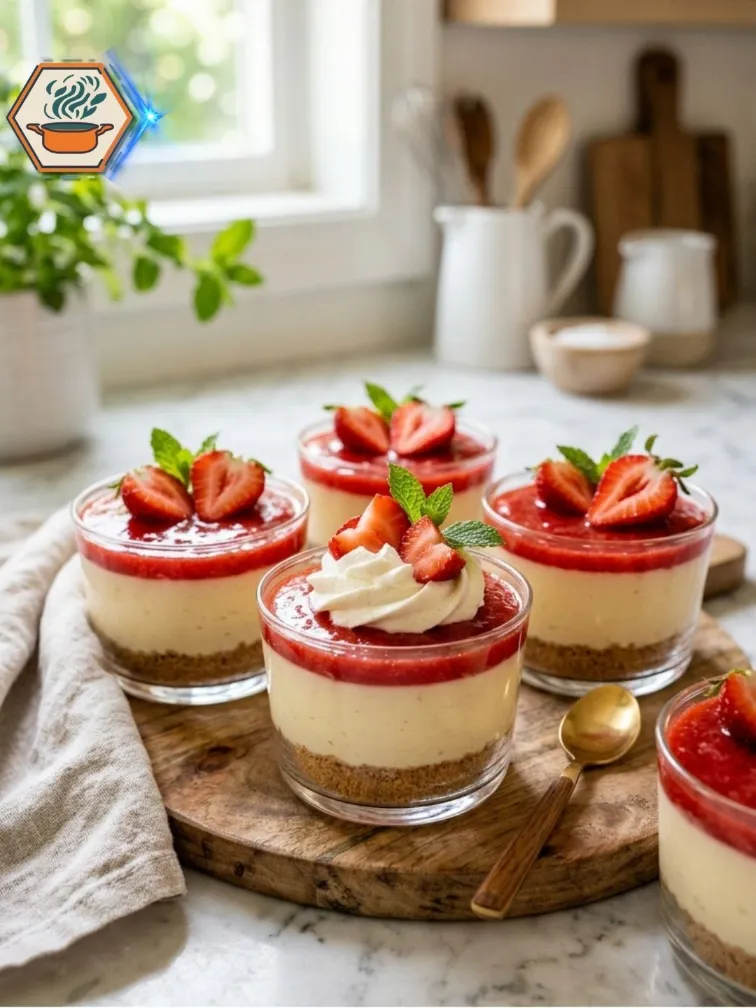 Finished Mini Strawberry Cheesecakes in Cups Finished mini strawberry cheesecakes in cups with fresh strawberries and mint