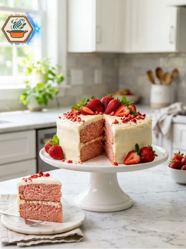 Finished Two-Ingredient Strawberry Cake served on a cake stand.