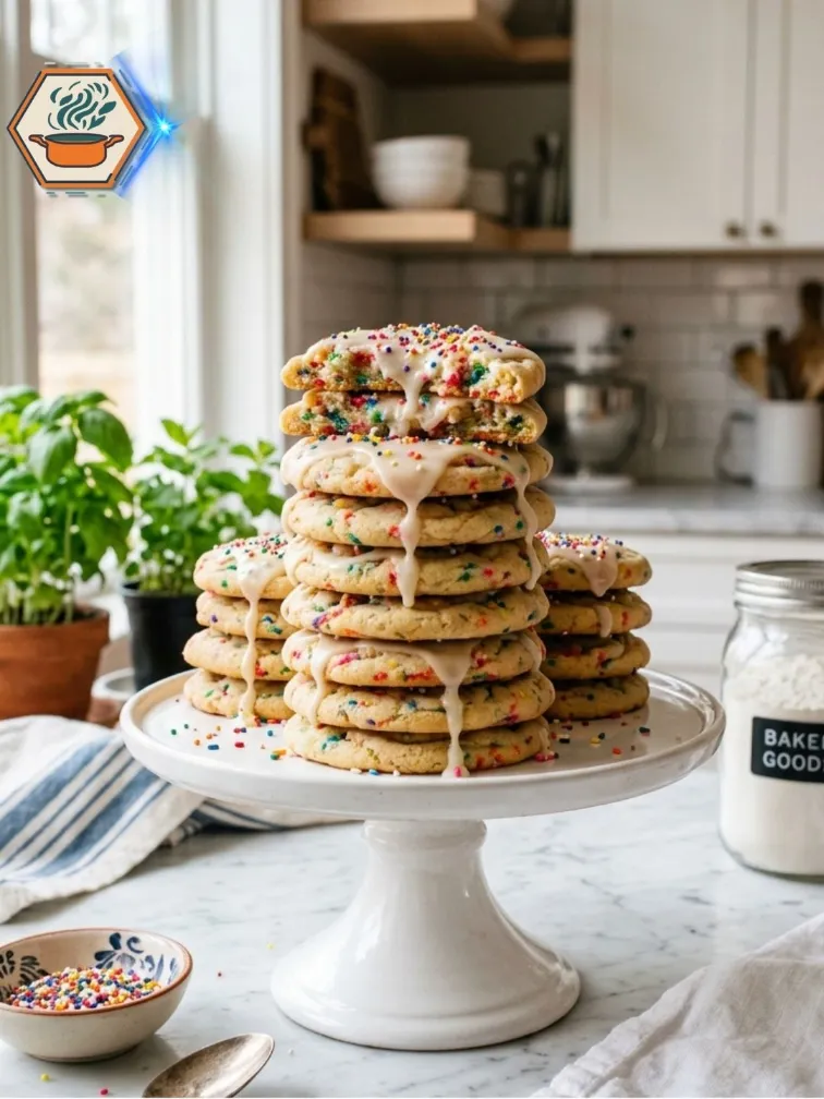 Stacked Two-Ingredient Funfetti Cookies with glaze and sprinkles