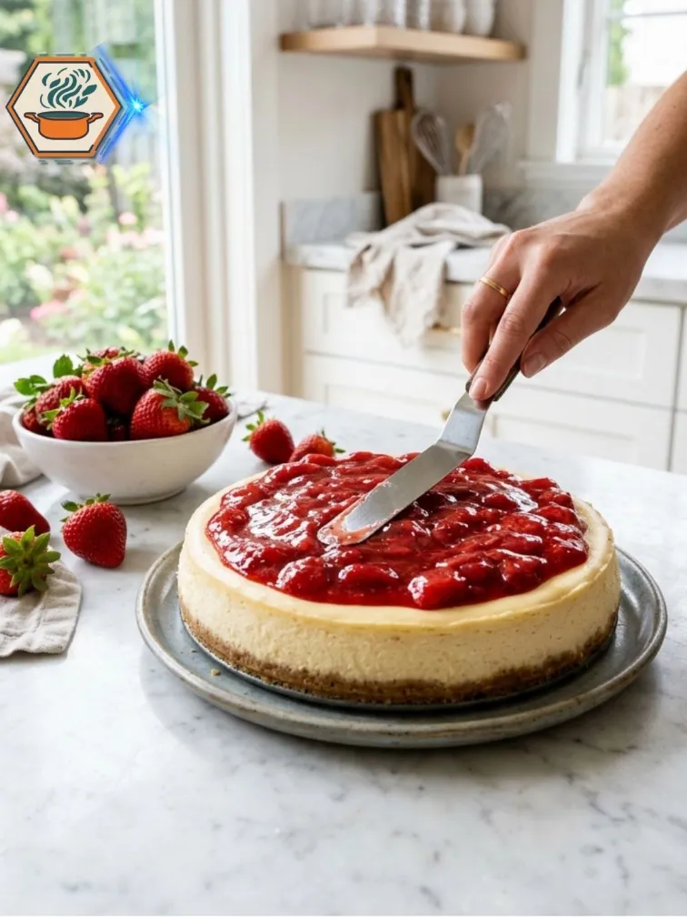 Adding strawberry topping