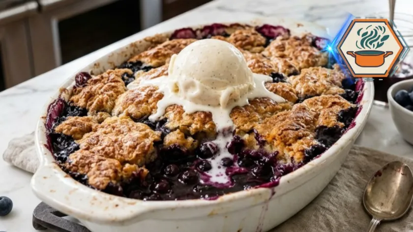 Four-Ingredient Blueberry Cobbler with golden buttery crust served warm