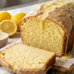 Four-Ingredient Lemon Loaf with fresh lemon glaze on a white marble countertop.