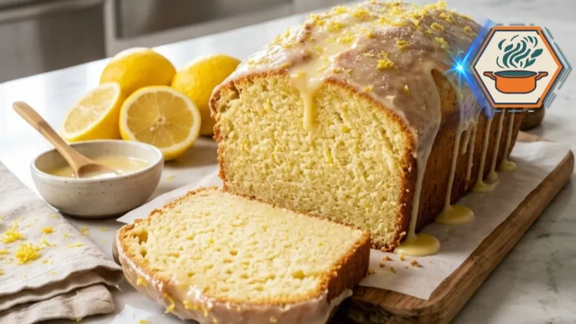 Four-Ingredient Lemon Loaf with fresh lemon glaze on a white marble countertop.