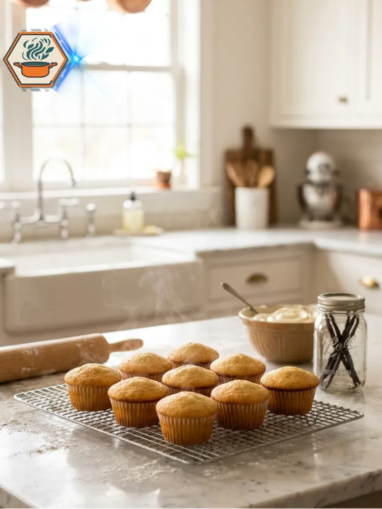 Freshly Baked Vanilla Cupcakes Freshly baked vanilla cupcakes cooling on a rack