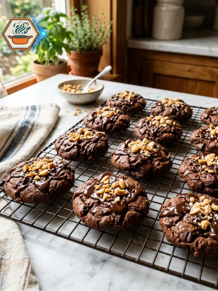 Freshly Baked Two-Ingredient Peanut Butter Chocolate Cookies Freshly baked Two-Ingredient Peanut Butter Chocolate Cookies cooling on a wire rack