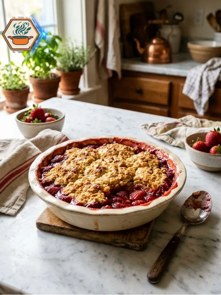 Freshly Baked Two-Ingredient Strawberry Cobbler Freshly baked Two-Ingredient Strawberry Cobbler on a white marble kitchen island.