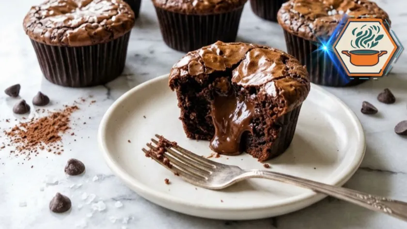 Brownie cupcakes with crackly tops on a white marble counter