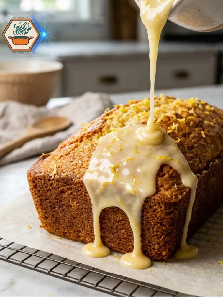 Pouring fresh lemon glaze over homemade lemon loaf.