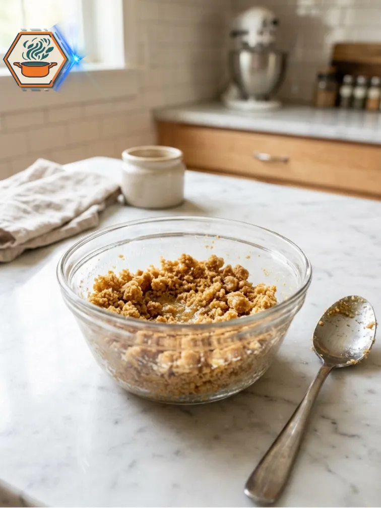 Graham Cracker Crust Mixture for Cheesecake Cups Graham cracker crust mixture with melted butter and sugar on a white marble countertop